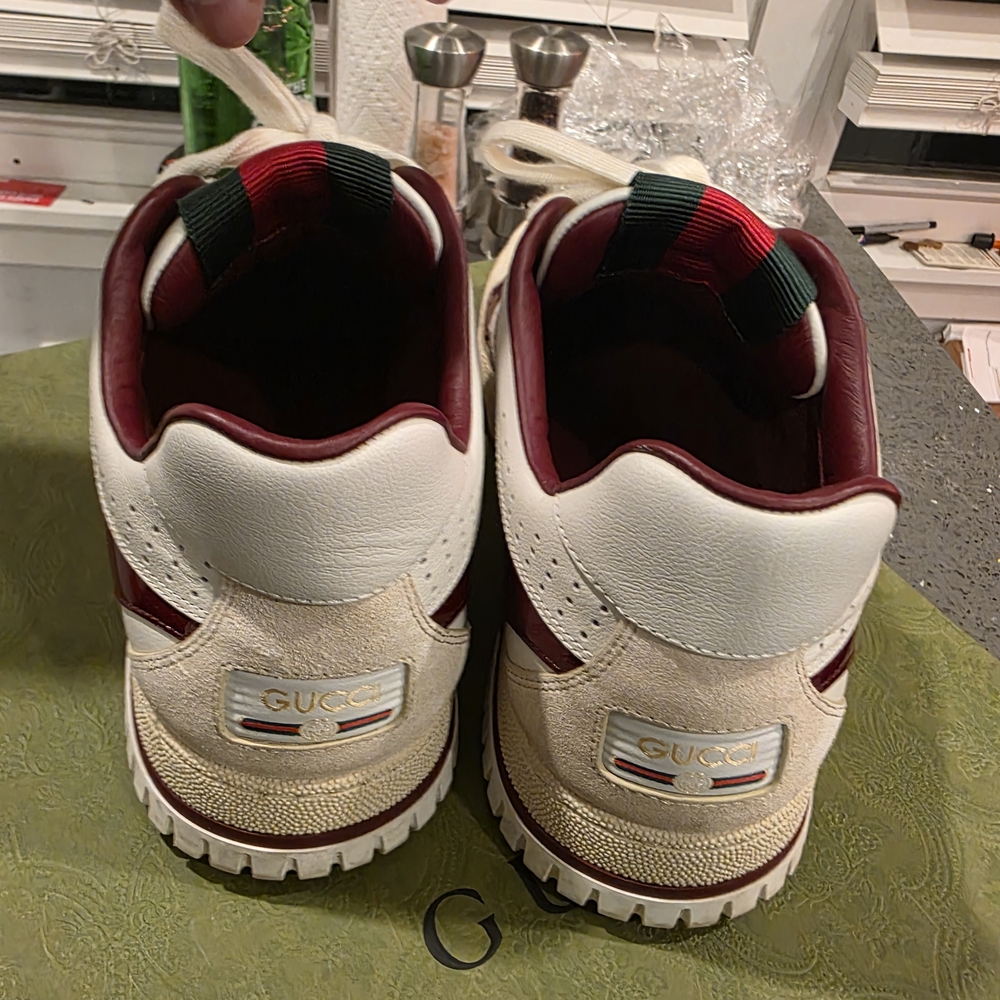 GUCCI Re-Web Trainer White & Red Leather Sneakers 818002 Gucci Sz 8 Box & Dust - Picture 7 of 16